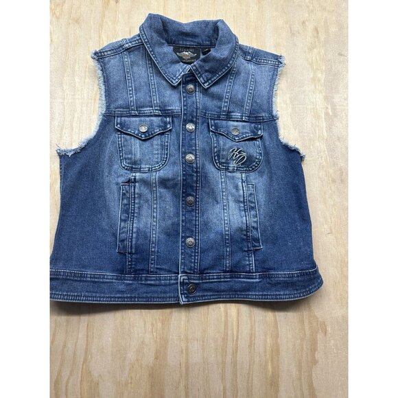 Harley-Davidson Women’s Sz M Flag Studded Distressed Denim Vest Moto Biker - Picture 2 of 6